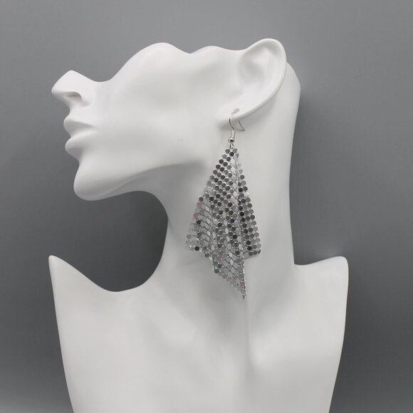 Jewelry earrings mesh statement party occasional drop dangle large silver tone - Picture 9 of 11